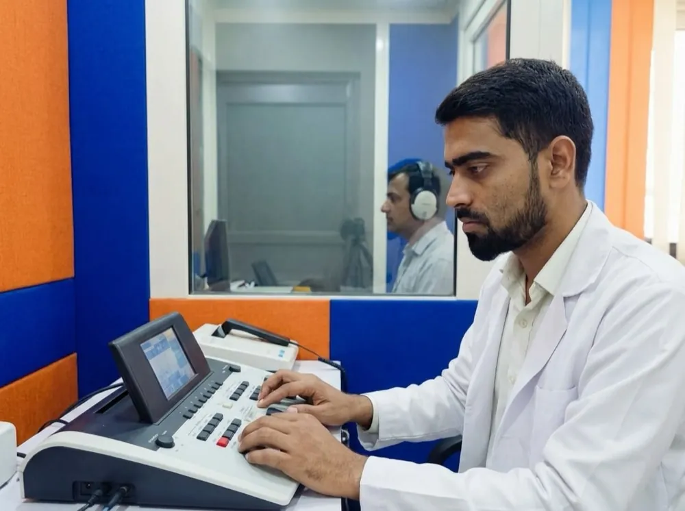 Audiologist performing annual hearing test audiometry for a diabetic patient in Gandhinagar