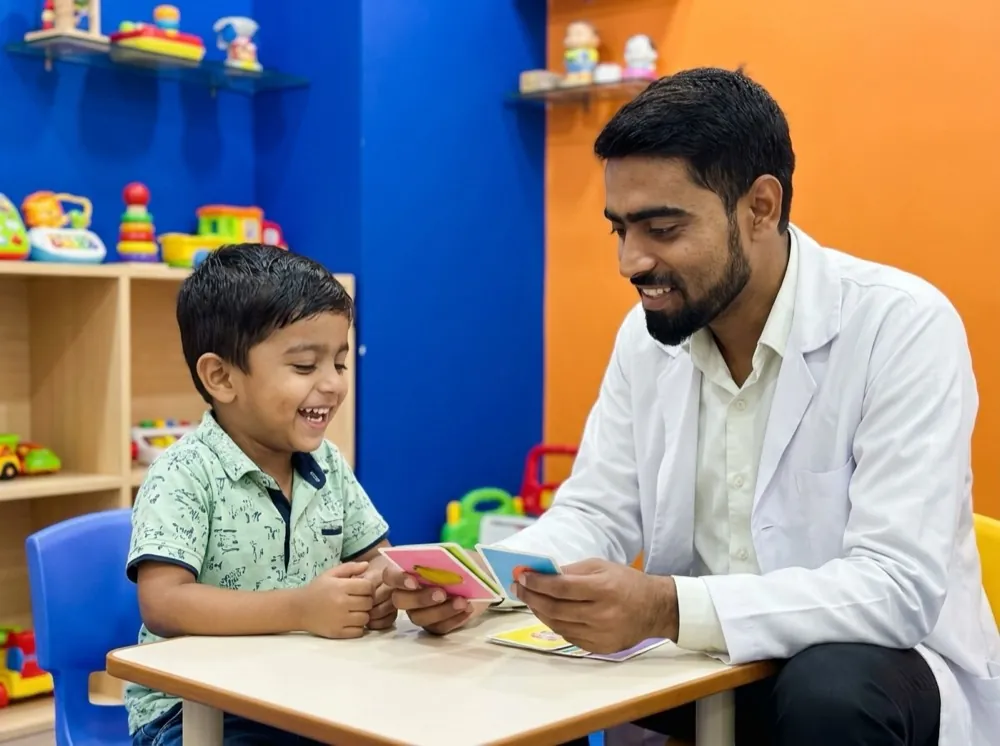Speech therapist assessing a young child for speech delay vs autism in Gandhinagar