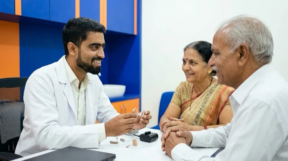 Audiologist counselling an elderly couple about hearing aid options at Renuka Speech and Hearing Clinic, Gandhinagar