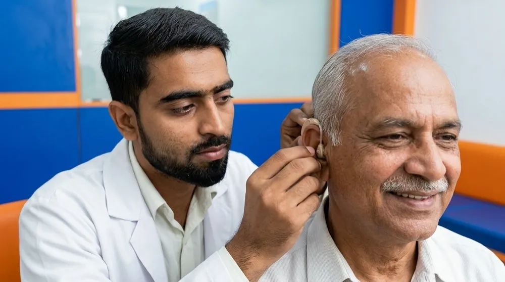 Audiologist explaining hearing aid vs cochlear implant options during a fitting in Gandhinagar