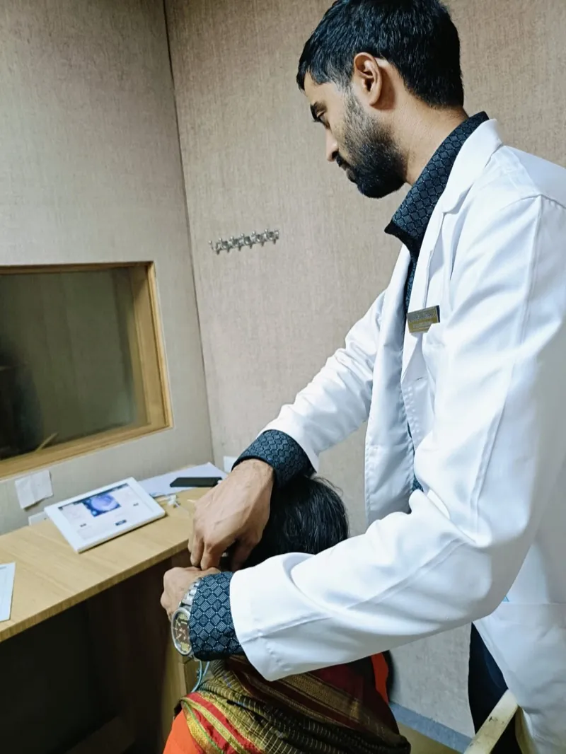 Audiometry test being conducted for a hearing disability certificate at Renuka Clinic, Gandhinagar