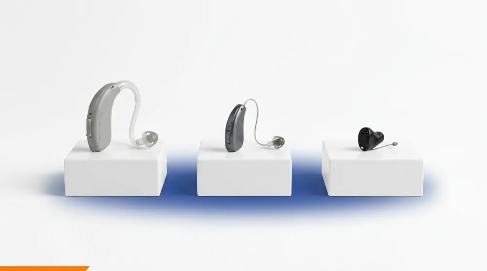 Digital hearing aids of different styles displayed at Renuka Speech and Hearing Clinic Gandhinagar