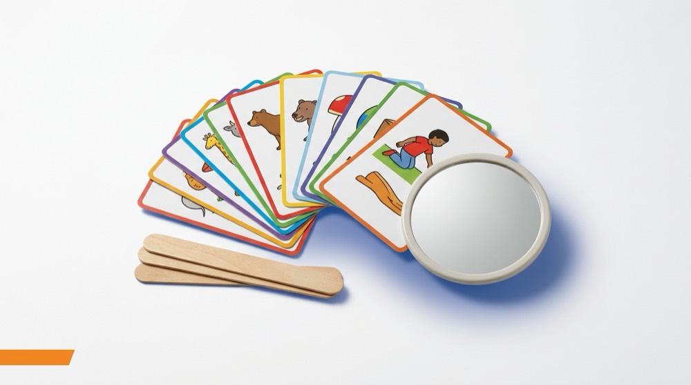 Speech therapy flashcards and play-based learning materials at Renuka Speech and Hearing Clinic Gandhinagar