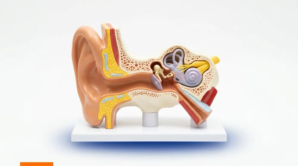 Ear model showing the ear canal where ear wax blockage causes hearing loss