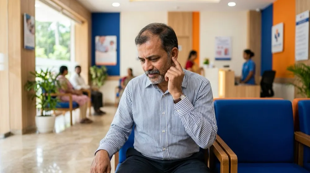 Man with tinnitus in a clinic waiting area