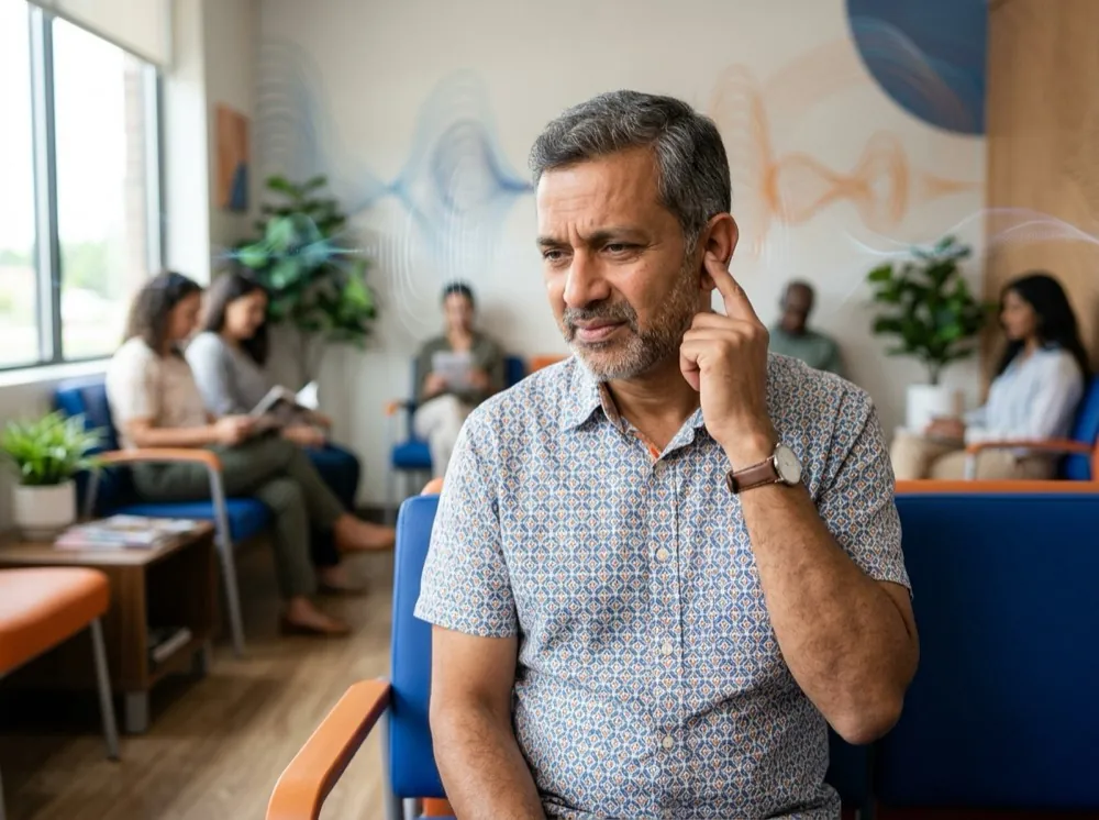 Man with tinnitus discomfort